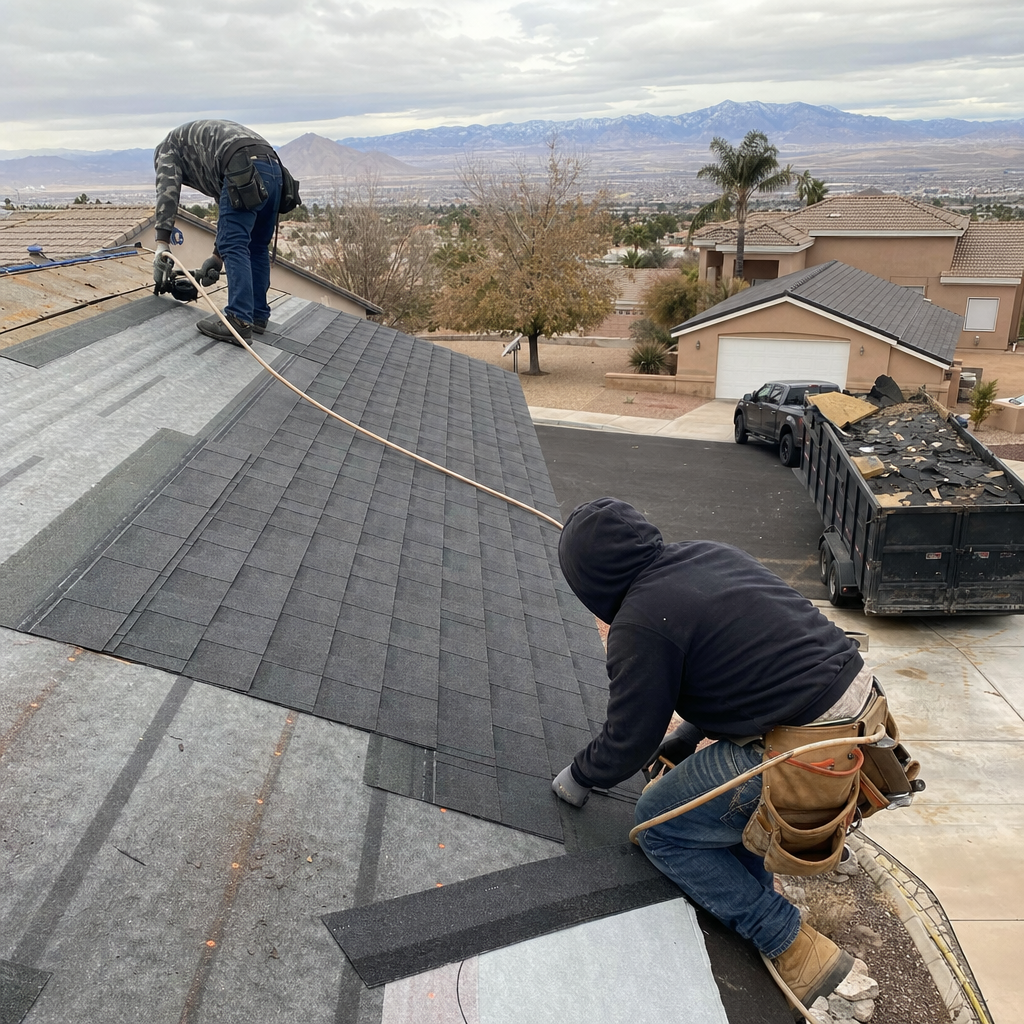 Roofers install asphalt shingles during roof replacement and installation.