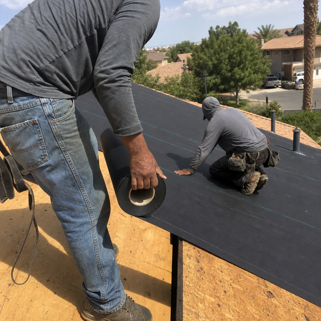 Roofers install black underlayment during roof replacement and installation.