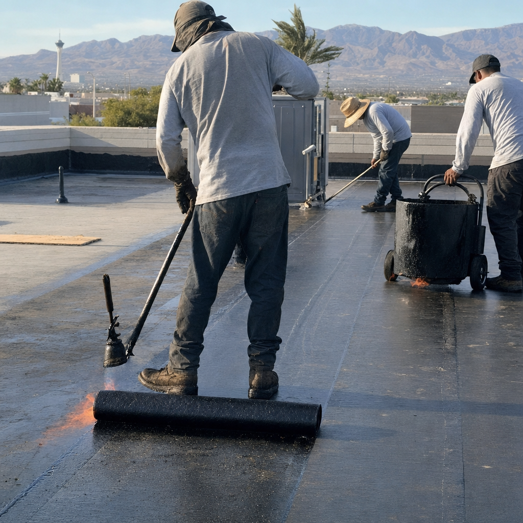 Roofers applying torch-down membrane roofing system to flat roof.