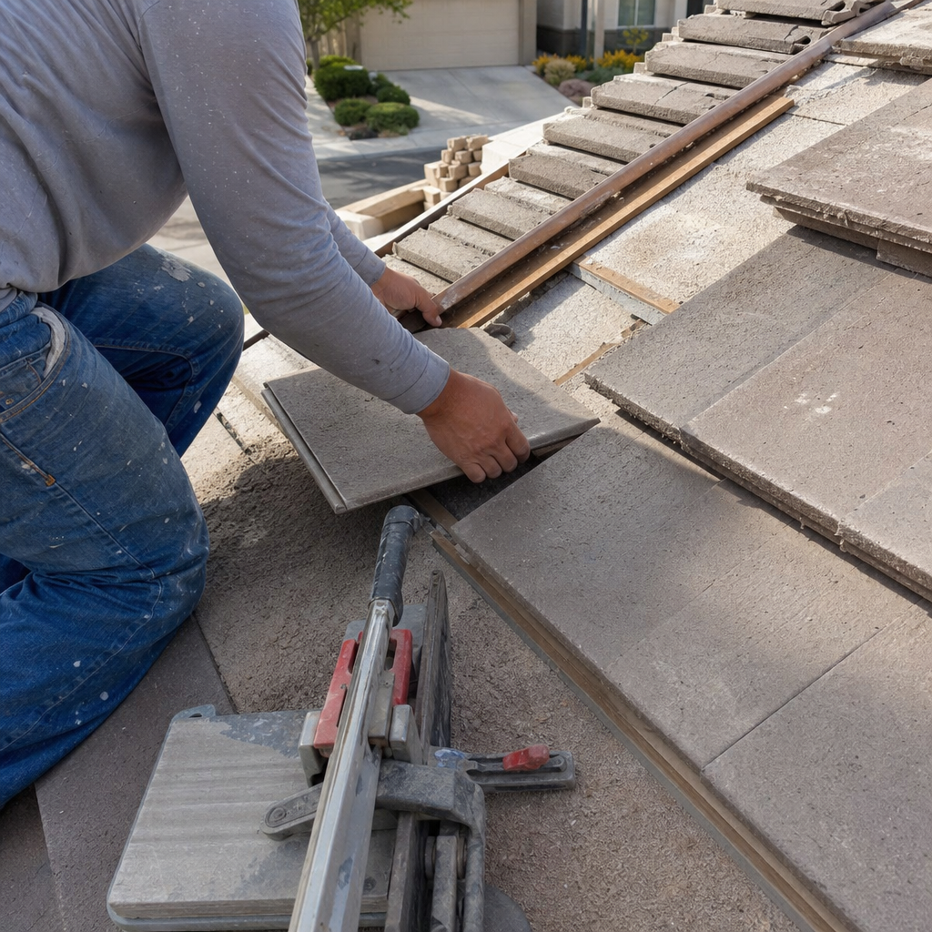 Roofer installing tile roofing specialty service