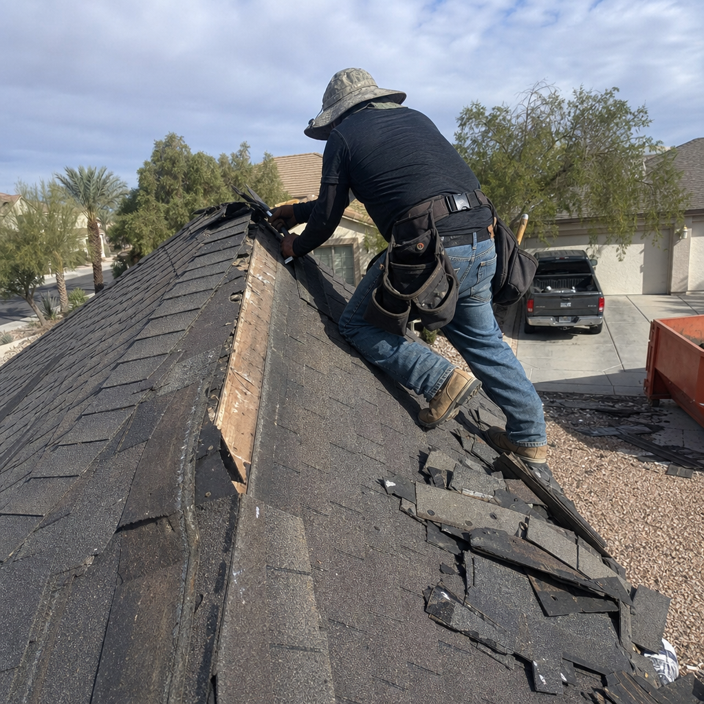 Roofer removing storm-damaged shingles from a roof. in Las Vegas, NV