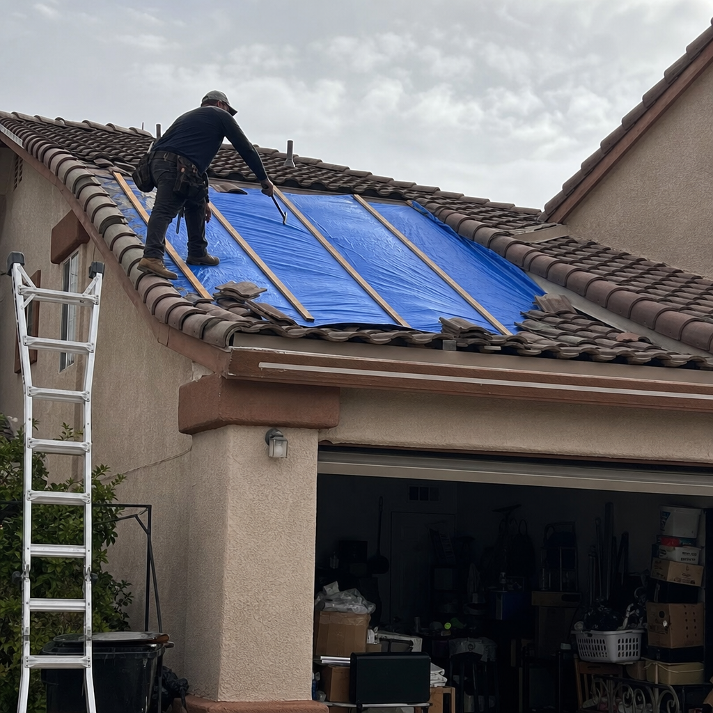 Roofer repairing storm-damaged tiled roof with blue tarp and planks. in Las Vegas, NV