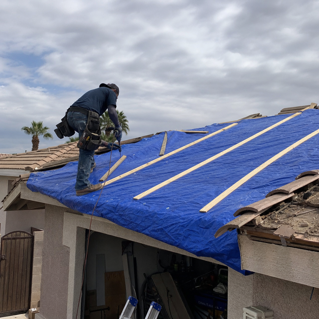 Roofer working on storm damaged roof repairs with tarp. in Las Vegas, NV