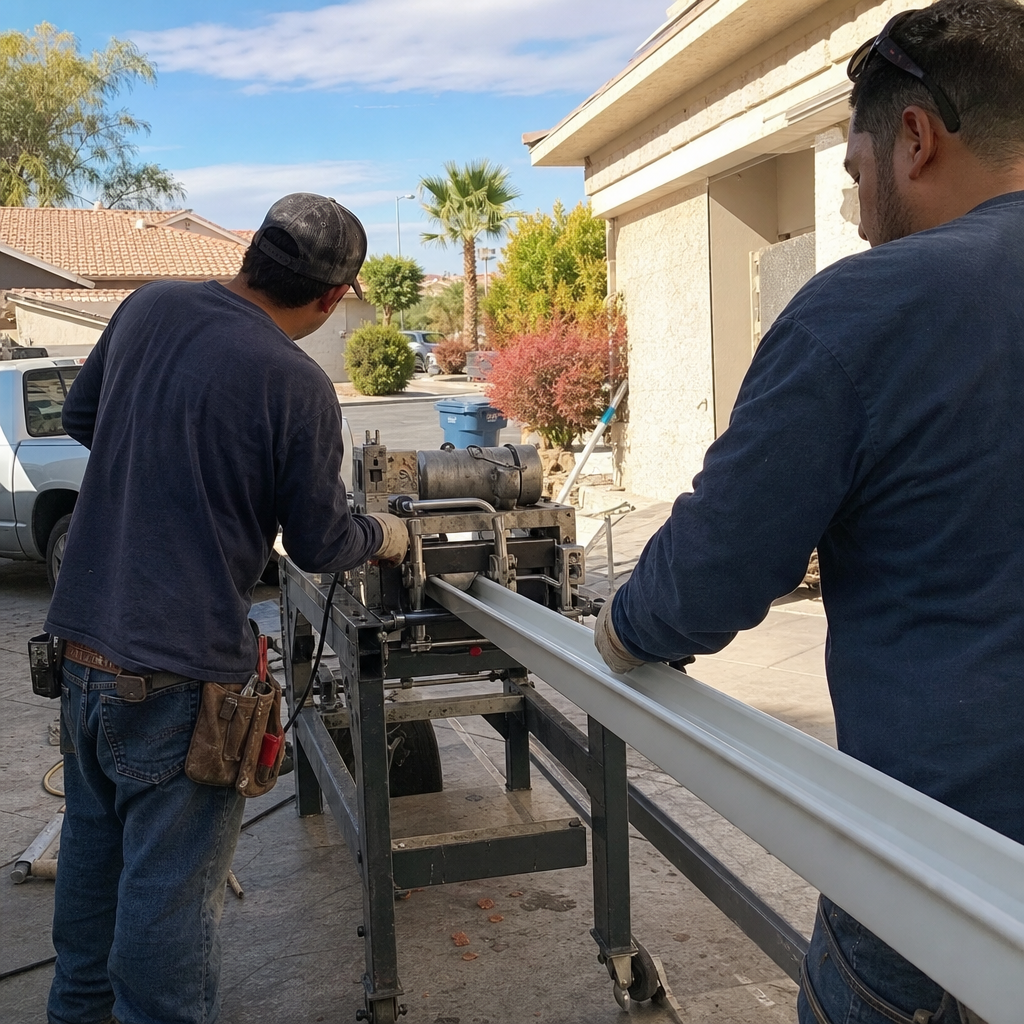 Roofers operate a gutter machine, forming a new gutter section. in Las Vegas, NV