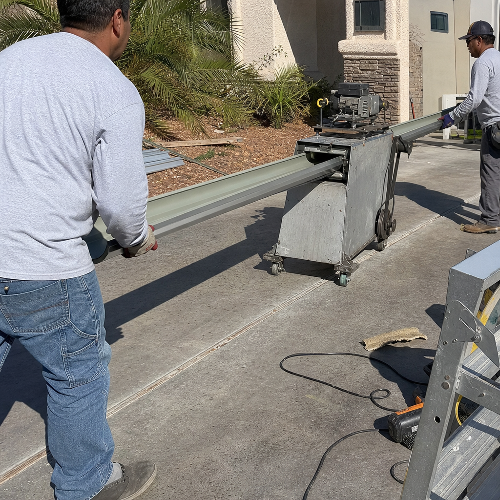 Worker feeding gutter into machine for roofing business in Las Vegas, NV