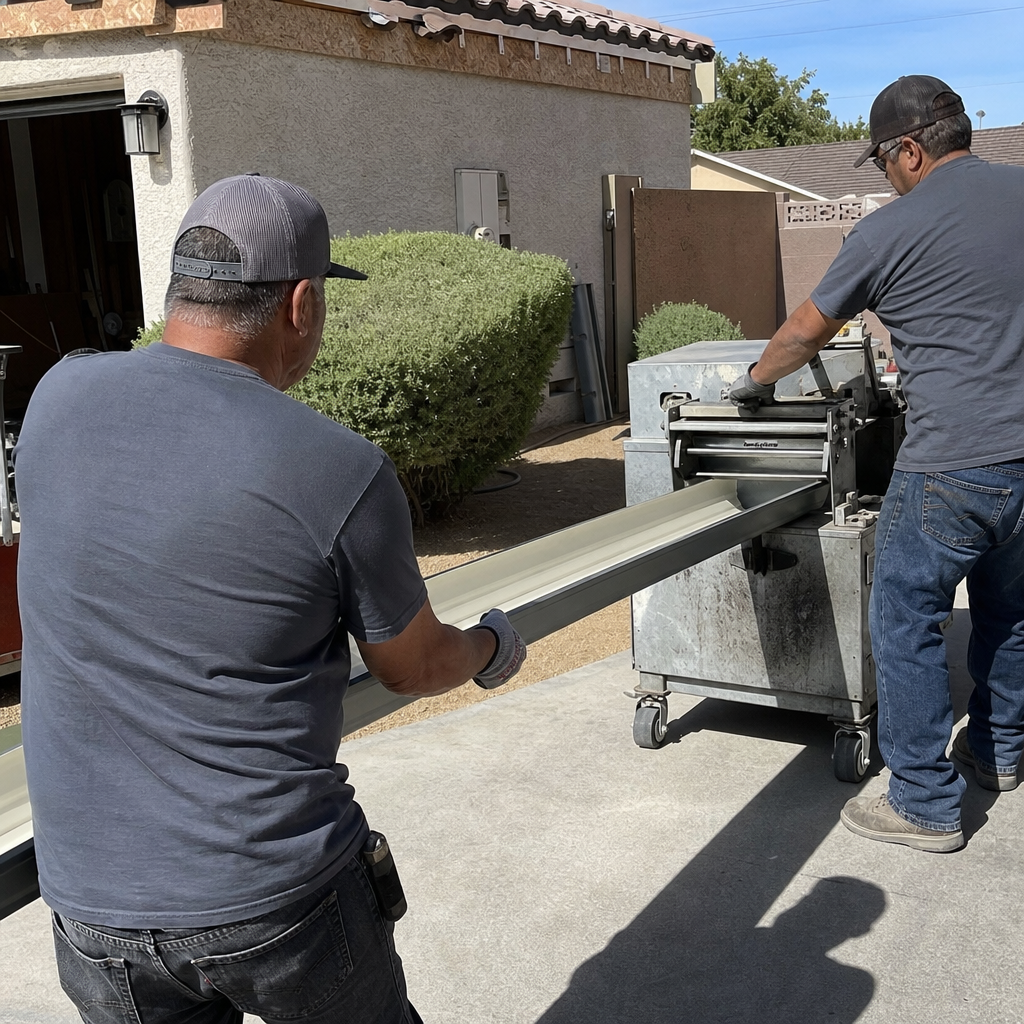 Roofers use a gutter machine to install gutters and accessories. in Sunrise Manor, NV