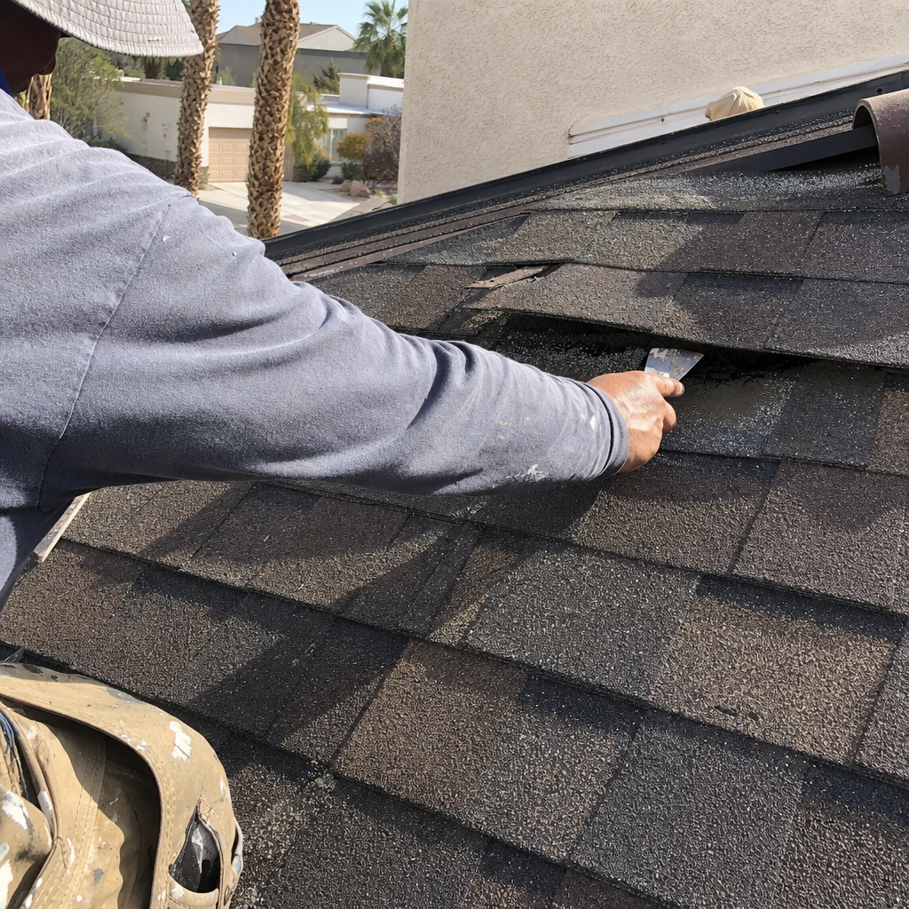 Roofer repairs shingles with putty knife in Las Vegas, NV