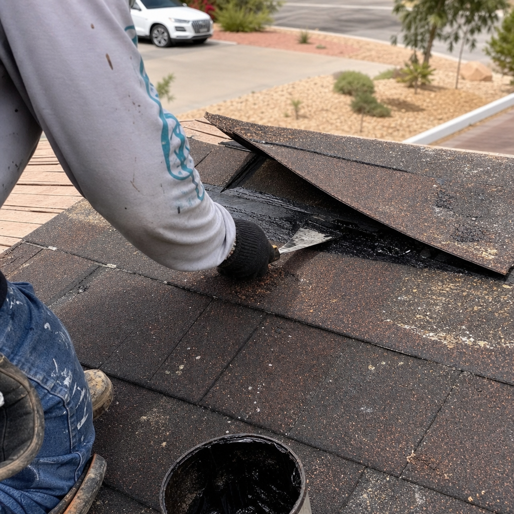 Roofer applying sealant to asphalt shingle roof during repair. in Las Vegas, NV