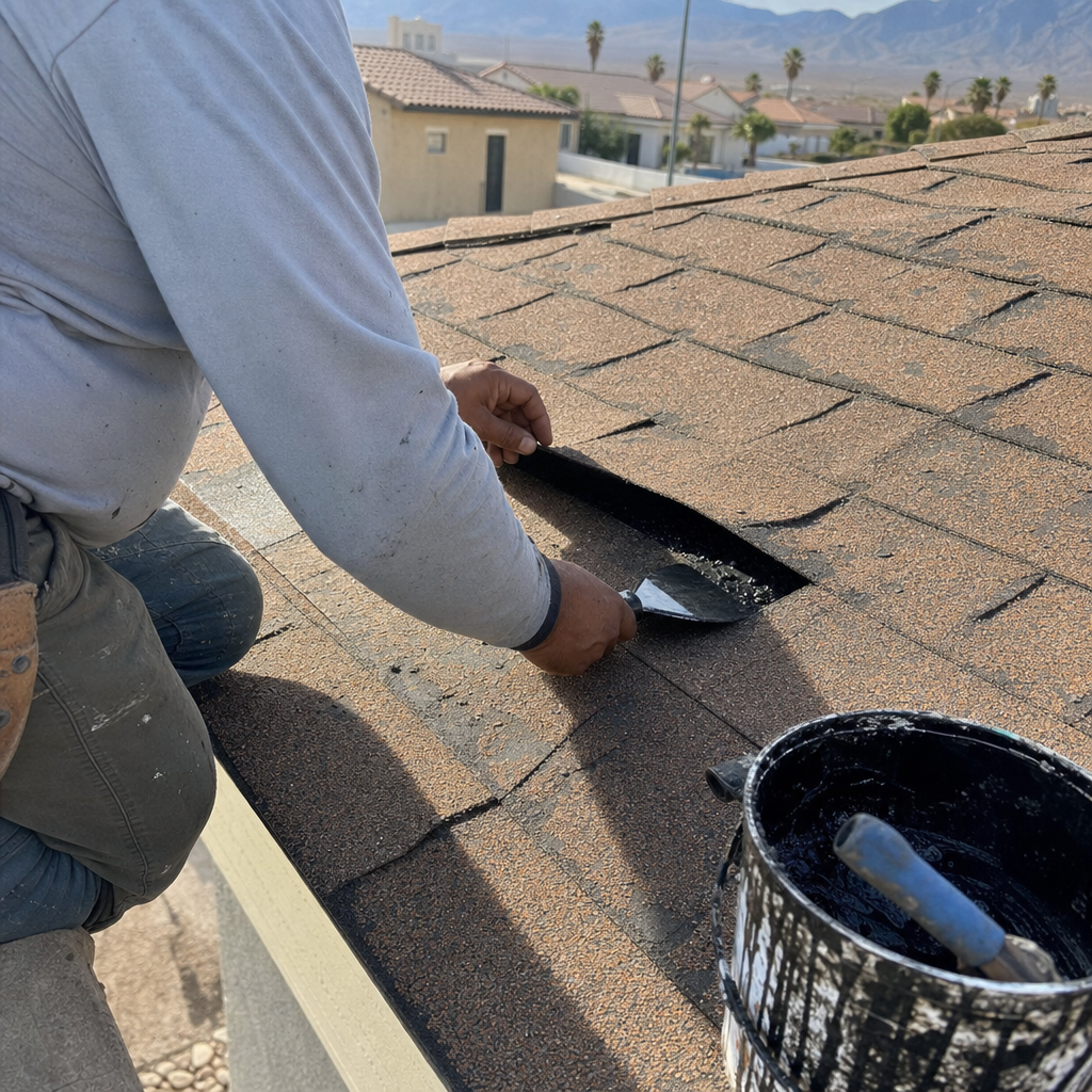 Roofer applying sealant to asphalt shingles during roof repair in Las Vegas, NV