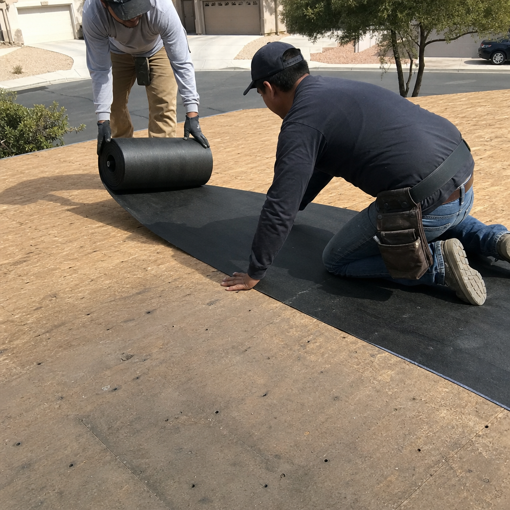 Roofers installing new roofing material on a wooden deck. in Spring Valley, NV