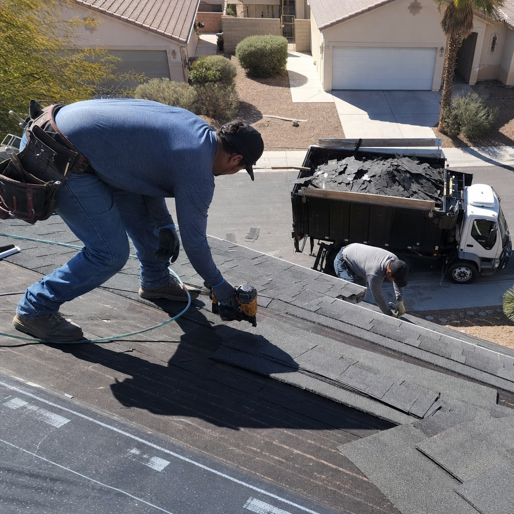 Roofer installs shingles, old shingles sorted near dump truck on roof in Las Vegas, NV