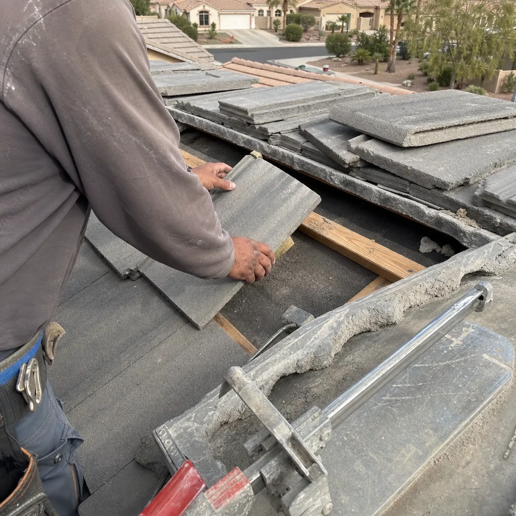 Roofer installing specialty roof tile for specialty roofing service. in Las Vegas, NV