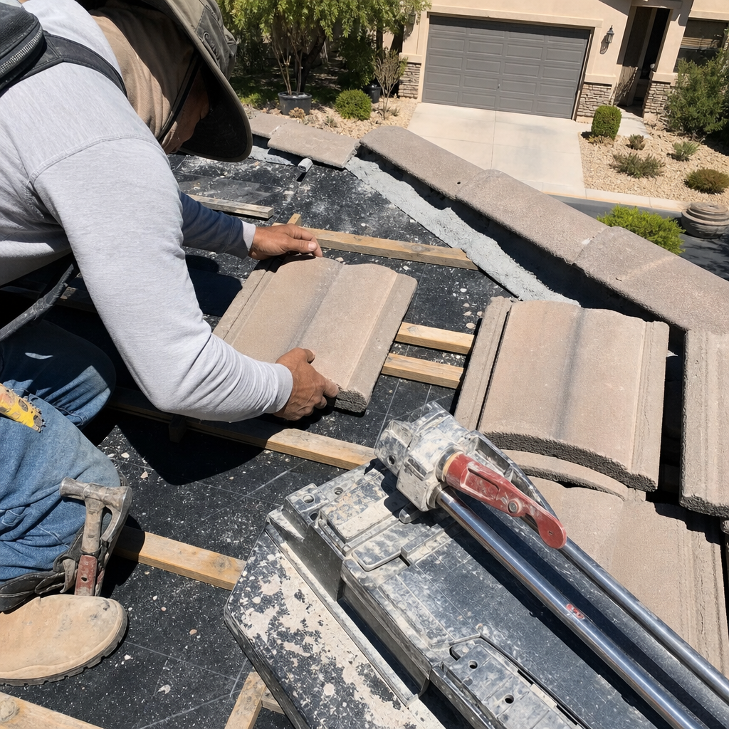 Roofer installing clay roof tiles with tile cutter nearby in Spring Valley, NV