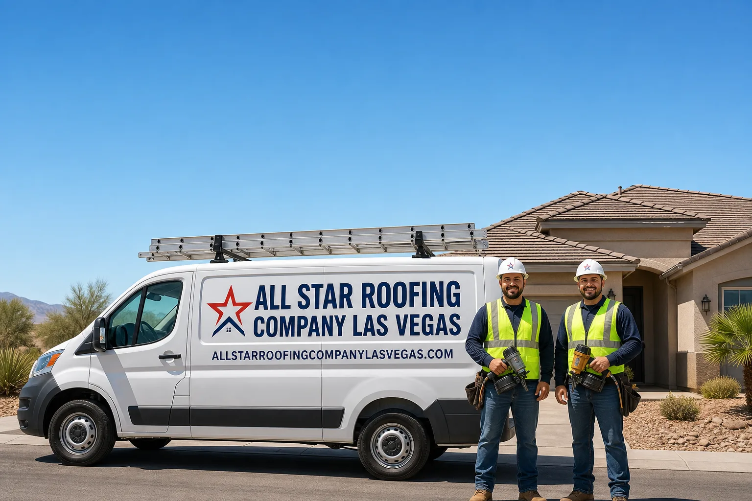 All Star Roofing Company Las Vegas service vehicle and crew in Las Vegas, NV